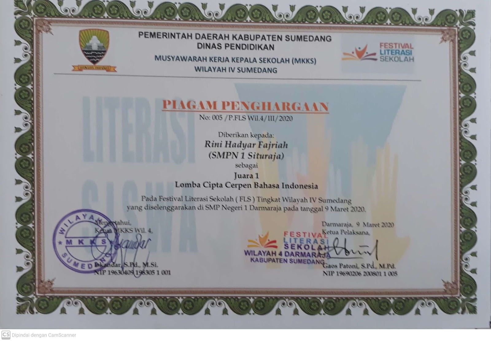 Juara 1 Cipta Cerpen FLS Wilayah IV Darmaraja Thn. 2020